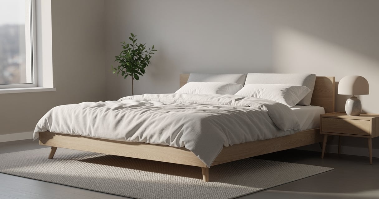 Chambre lumineuse avec un matelas grand format sur cadre en bois et linge de lit beige