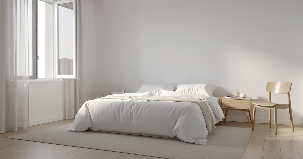 Chambre lumineuse avec lit aux draps repliés pour aérer le matelas