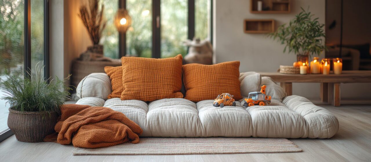 Futon pour canapé installé dans un salon lumineux, avec des coussins et une couverture pour illustrer son confort.