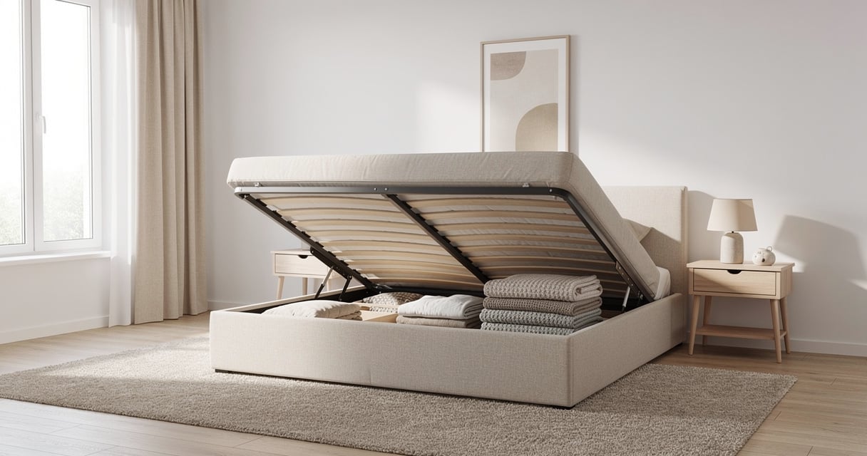 Lit coffre tapissé en tissu beige avec sommier relevé, montrant le compartiment de rangement intérieur avec couvertures pliées