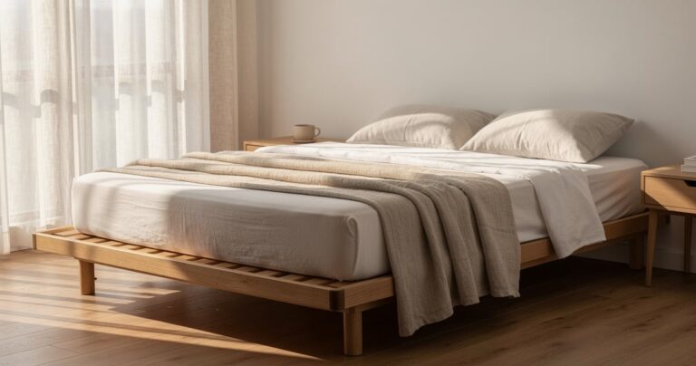 Chambre minimaliste avec matelas ferme et lumière douce du matin pour soulager le dos