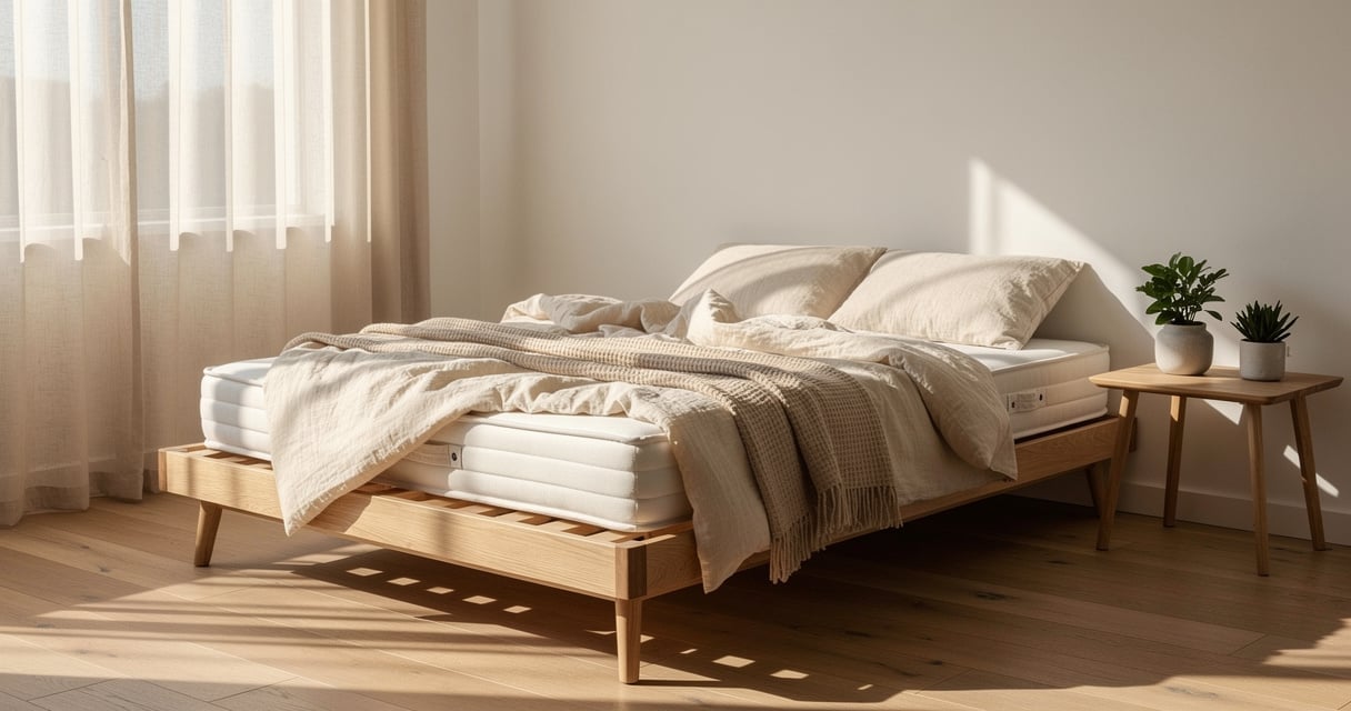 Chambre épurée avec matelas naturel et linge de lit en coton bio