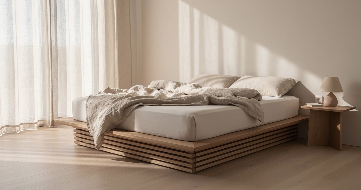 Matelas en mousse posé sur un sommier à lattes en bois dans une chambre lumineuse