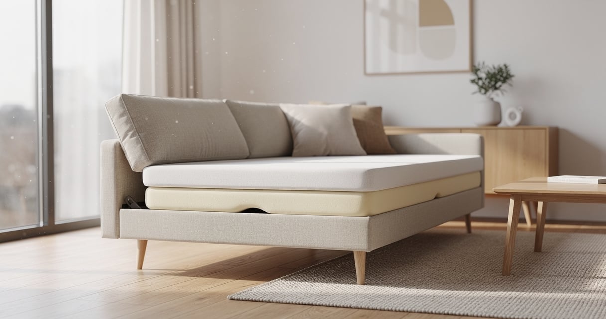 Canapé-lit convertible déplié avec matelas épais dans un salon moderne et lumineux