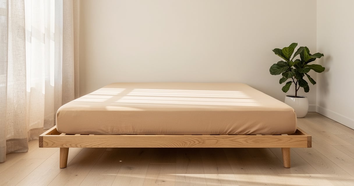 Matelas en latex naturel posé sur un sommier à lattes dans une chambre lumineuse