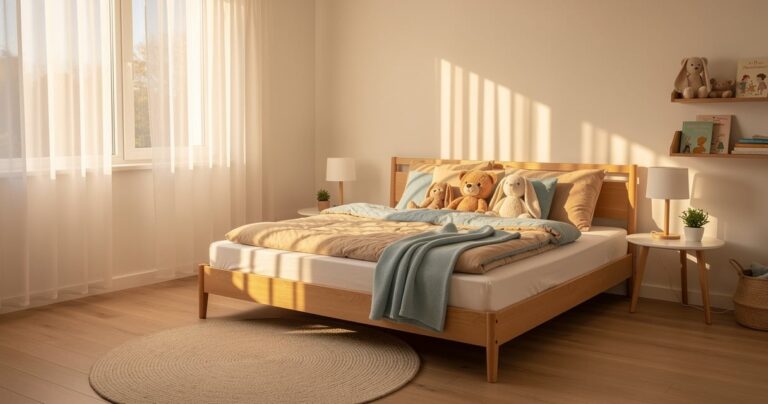 Matelas enfant dans une chambre lumineuse avec lit en bois et décoration épurée