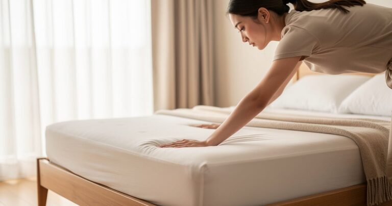 Femme testant la fermeté d'un matelas blanc dans une chambre lumineuse