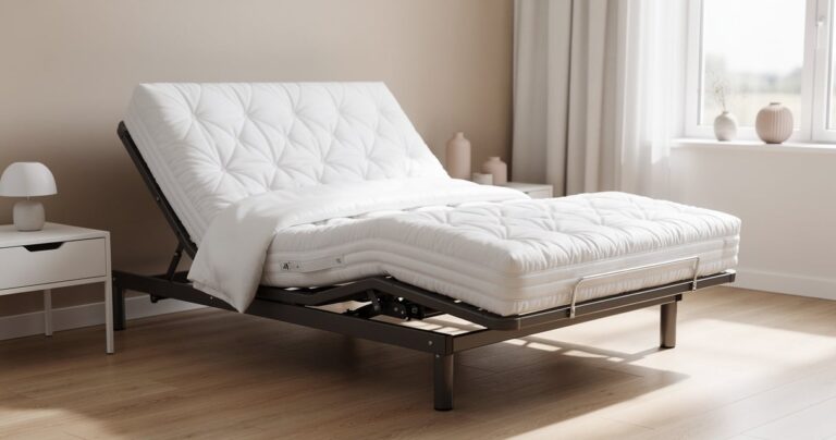Lit électrique avec sommier relevé et matelas adapté dans une chambre lumineuse