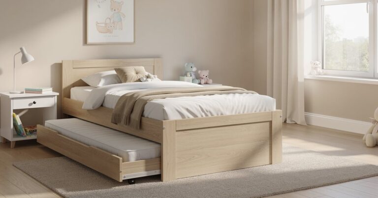 Lit gigogne enfant avec tiroir sorti et matelas visibles dans une chambre lumineuse