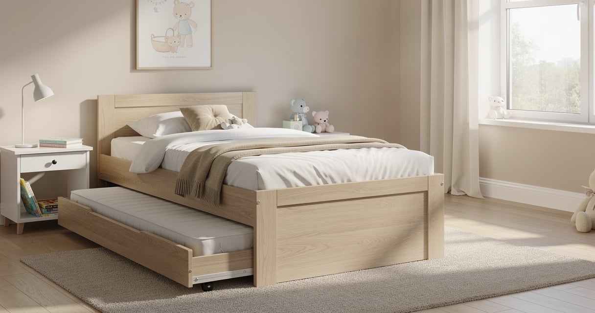 Lit gigogne enfant avec tiroir sorti et matelas visibles dans une chambre lumineuse