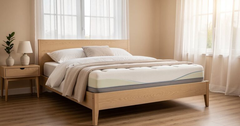 Matelas mémoire de forme posé sur un cadre de lit en bois dans une chambre lumineuse