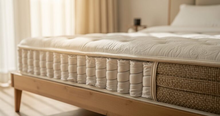 Matelas a ressorts ensaches Merinos Cross System pose sur un cadre de lit en bois