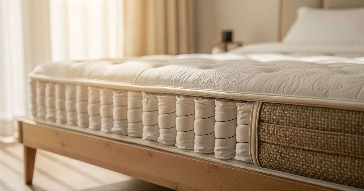 Matelas a ressorts ensaches Merinos Cross System pose sur un cadre de lit en bois