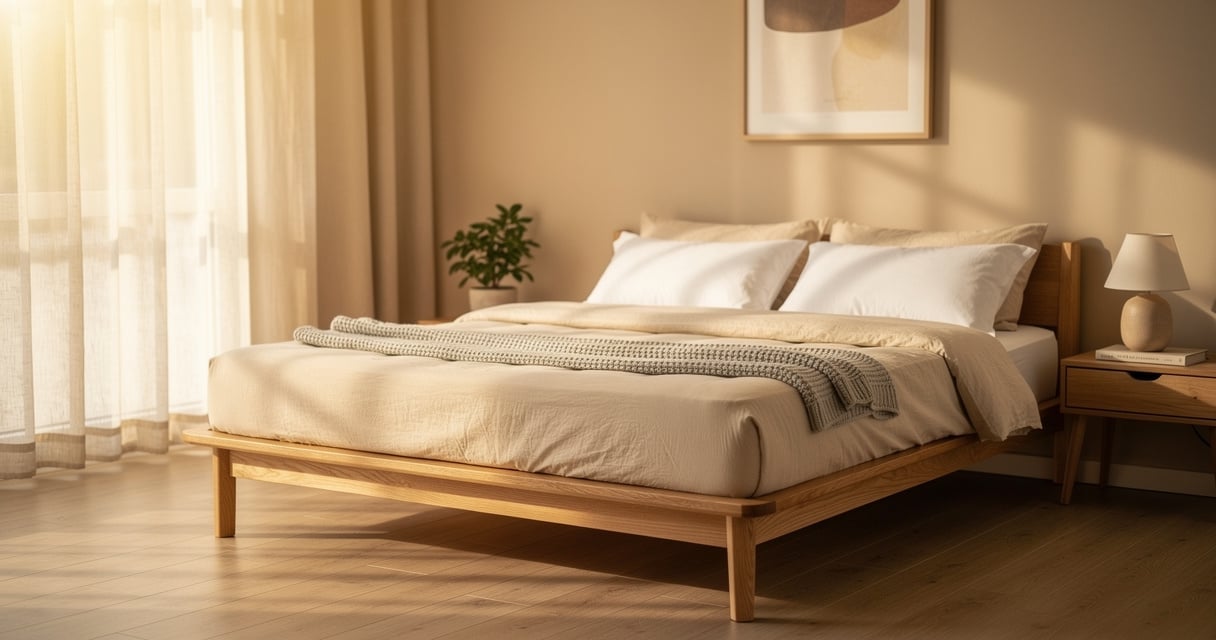 Matelas latex Pirelli posé sur un sommier à lattes en bois dans une chambre baignée de lumière naturelle