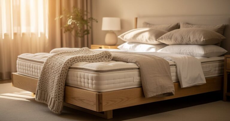 Matelas haut de gamme à ressorts ensachés sur un cadre de lit en bois dans une chambre lumineuse