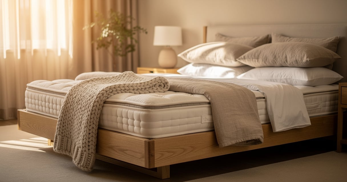 Matelas haut de gamme à ressorts ensachés sur un cadre de lit en bois dans une chambre lumineuse