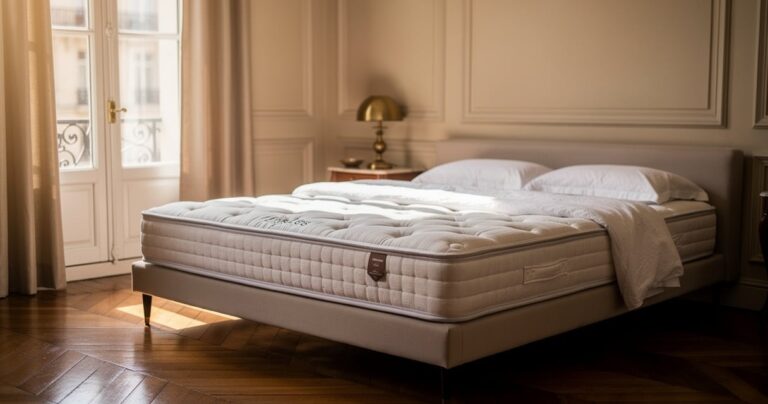 Matelas haut de gamme dans une chambre de palace parisien aux tons clairs
