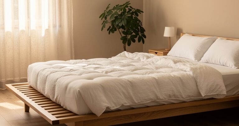 Matelas en latex naturel sur un sommier en bois dans une chambre lumineuse