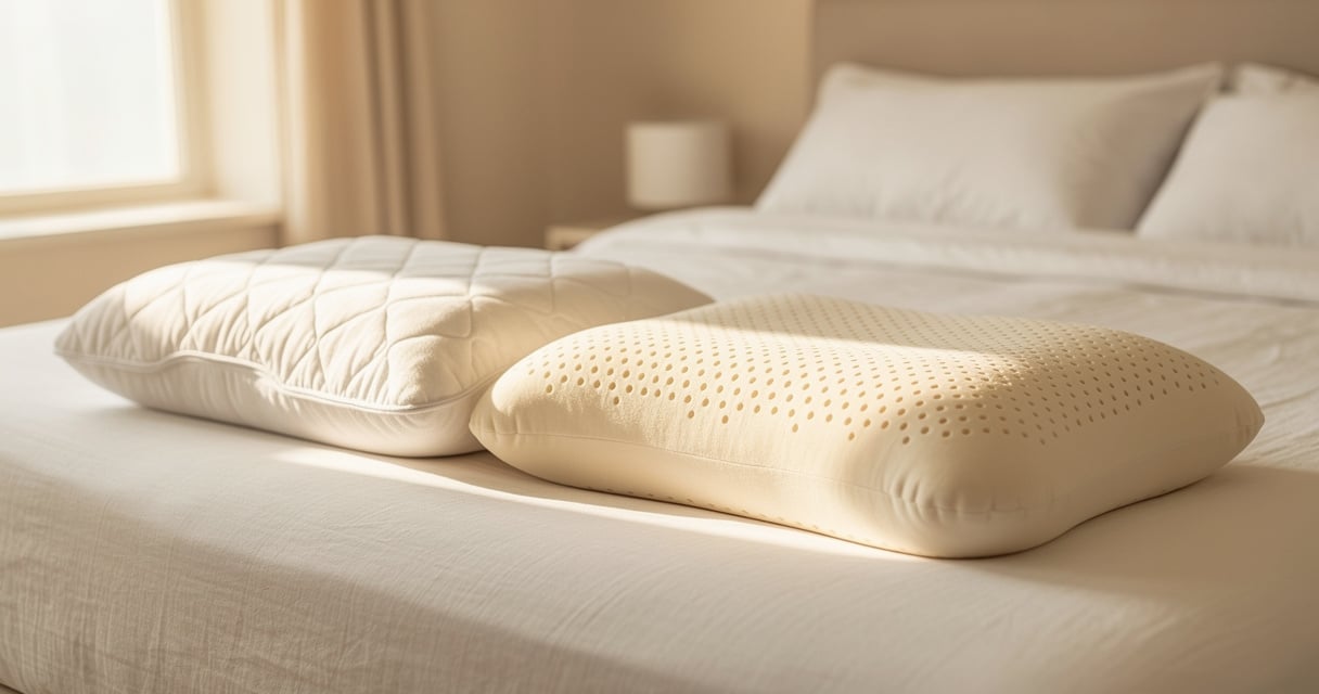 Oreiller en mémoire de forme et oreiller en latex naturel posés côte à côte sur un lit blanc