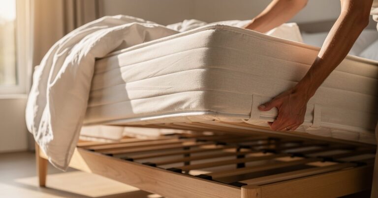Mains saisissant les poignées latérales d'un matelas pendant le retournement