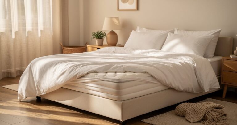 Lit avec surmatelas posé sur le matelas dans une chambre lumineuse