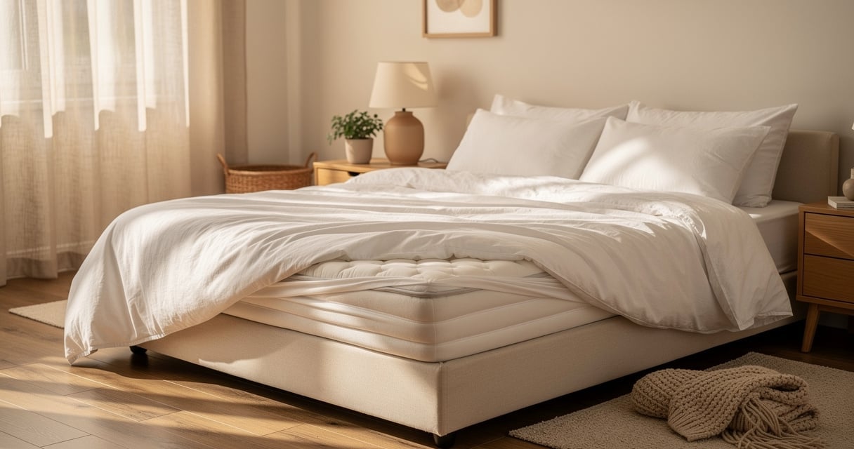 Lit avec surmatelas posé sur le matelas dans une chambre lumineuse